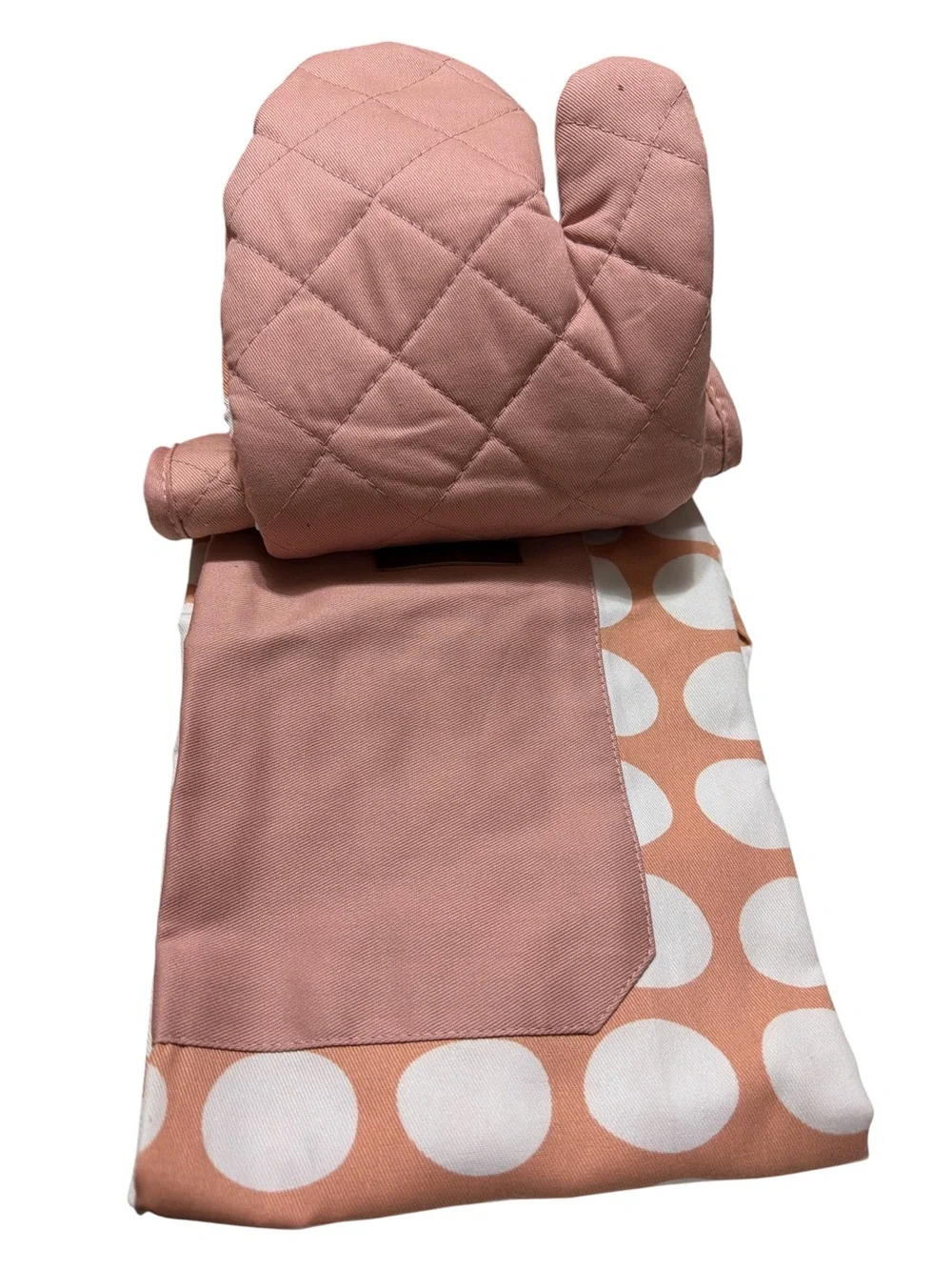 NEW Eco One Kitchen 3-Pc Bakers Set Apron Pot Holder Oven Mitt Peach Polka Dot